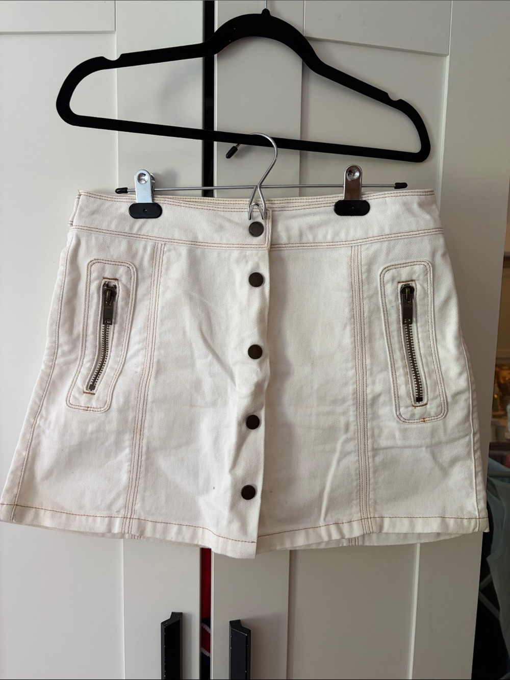 Reiss Cream Button-Front Mini Skirt with Zip Pockets